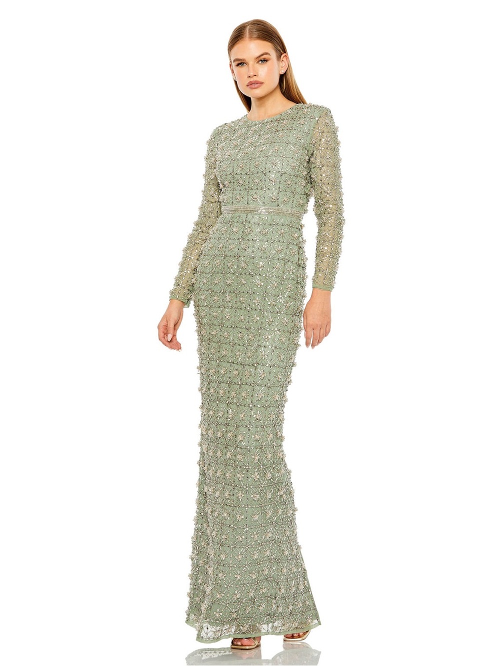 Mac Duggal 93827 Green Long Sleeve High Neck Beaded Gown Size 14 NWT